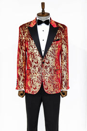 Gold Patterned Over Red Men Prom Blazer - Wessi