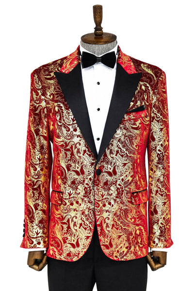 Gold Patterned Over Red Men Prom Blazer - Wessi