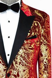 Gold Patterned Over Red Men Prom Blazer - Wessi