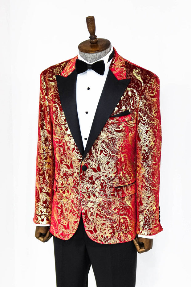 Gold Patterned Over Red Men Prom Blazer - Wessi