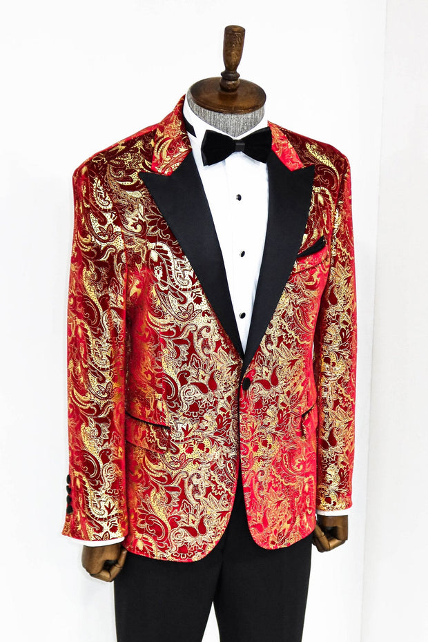 Gold Patterned Over Red Men Prom Blazer - Wessi