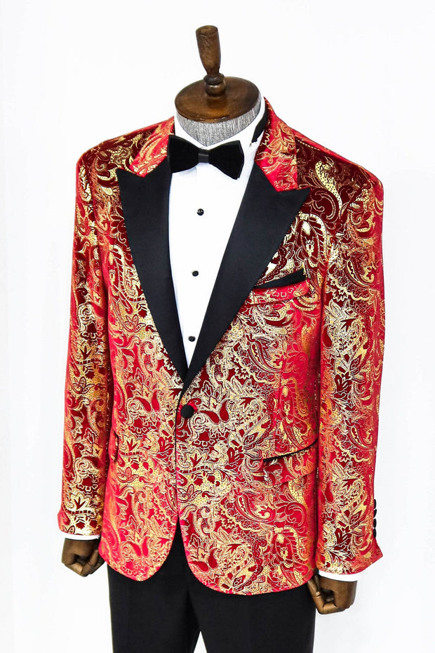 Gold Patterned Over Red Men Prom Blazer - Wessi