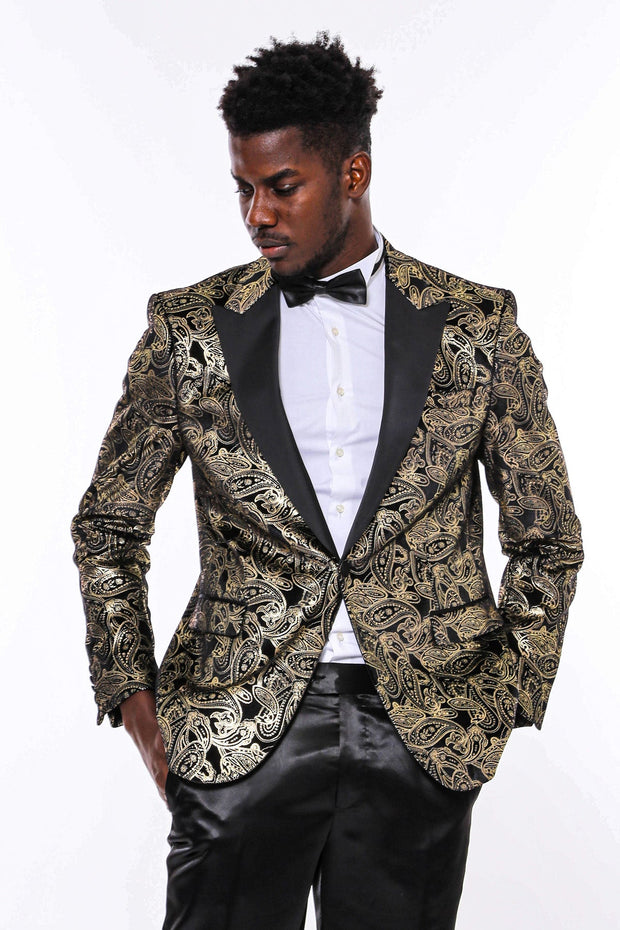 Slim Fit Gold Paisley Patterned Black Men Tuxedo Blazer - Wessi