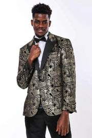 Slim Fit Gold Paisley Patterned Black Men Tuxedo Blazer