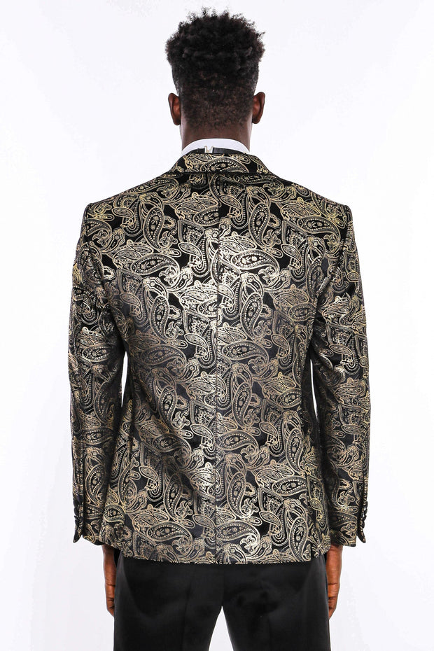 Slim Fit Gold Paisley Patterned Black Men Tuxedo Blazer