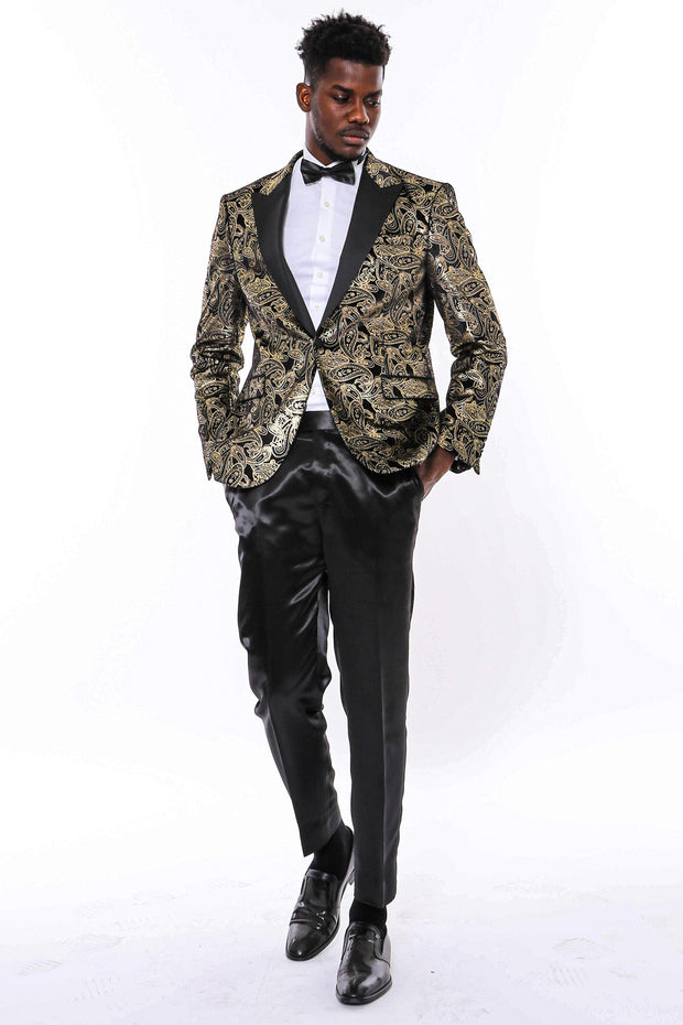 Slim Fit Gold Paisley Patterned Black Men Tuxedo Blazer - Wessi