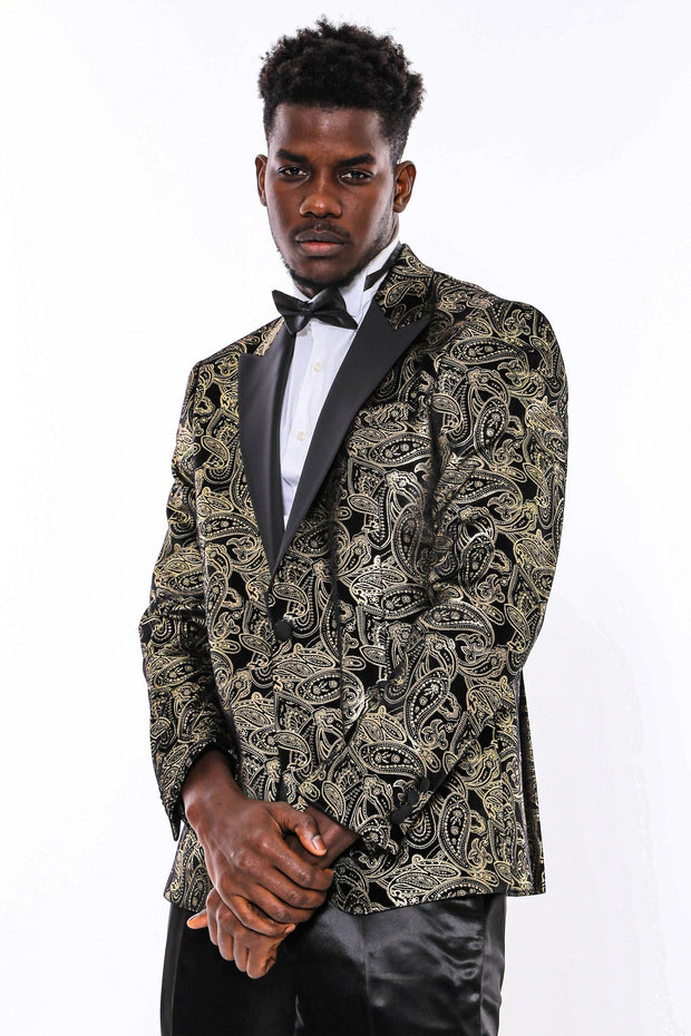 Slim Fit Gold Paisley Patterned Black Men Tuxedo Blazer