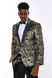 Slim Fit Gold Paisley Patterned Black Men Tuxedo Blazer - Wessi