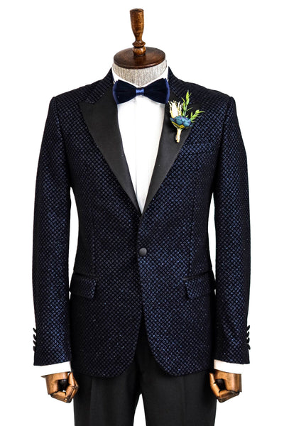 Black Patterned Over Navy Blue Men Prom Blazer - Wessi