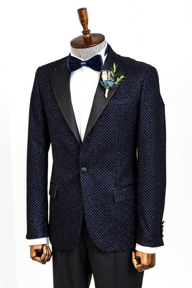 Black Patterned Over Navy Blue Men Prom Blazer - Wessi