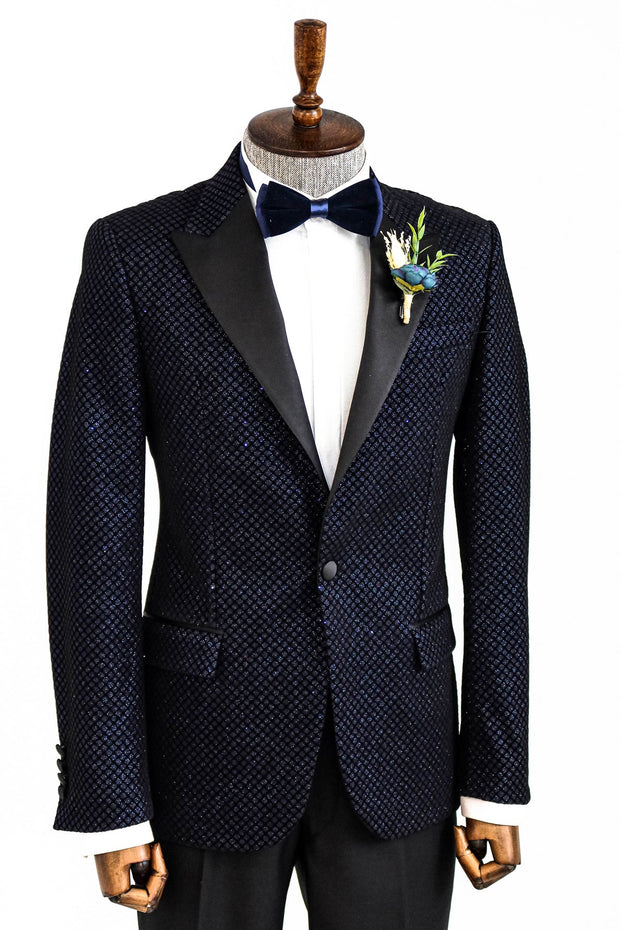 Black Patterned Over Navy Blue Men Prom Blazer - Wessi