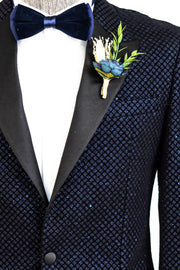 Black Patterned Over Navy Blue Men Prom Blazer - Wessi