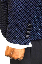 Black Patterned Over Navy Blue Men Prom Blazer - Wessi