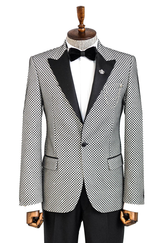 Black Patterned Over White Men Prom Blazer - Wessi