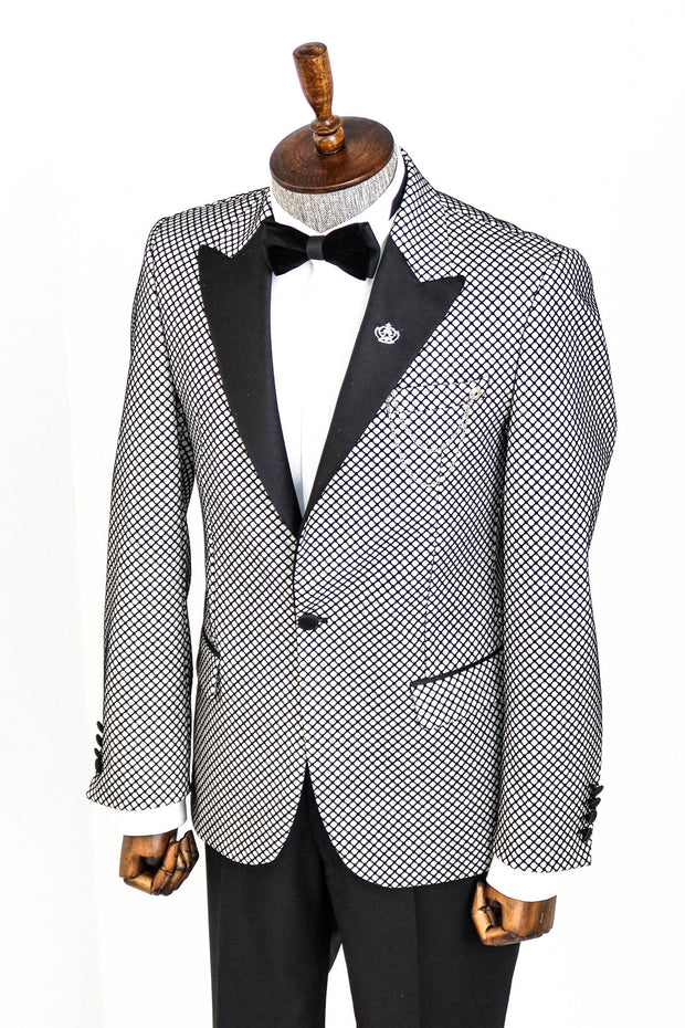 Black Patterned Over White Men Prom Blazer - Wessi