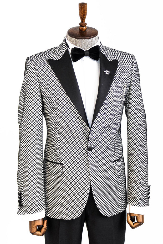 Black Patterned Over White Men Prom Blazer - Wessi