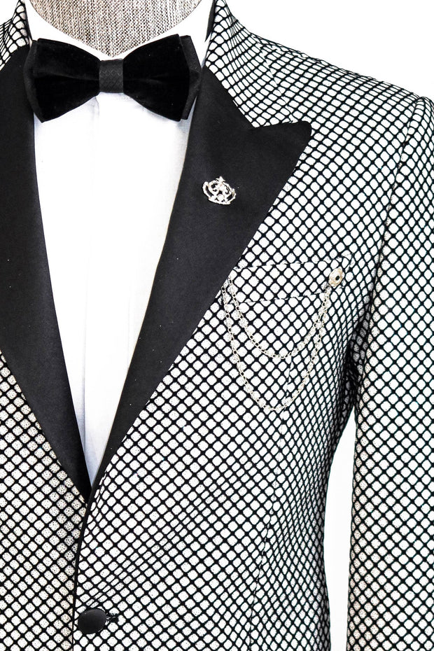 Black Patterned Over White Men Prom Blazer - Wessi