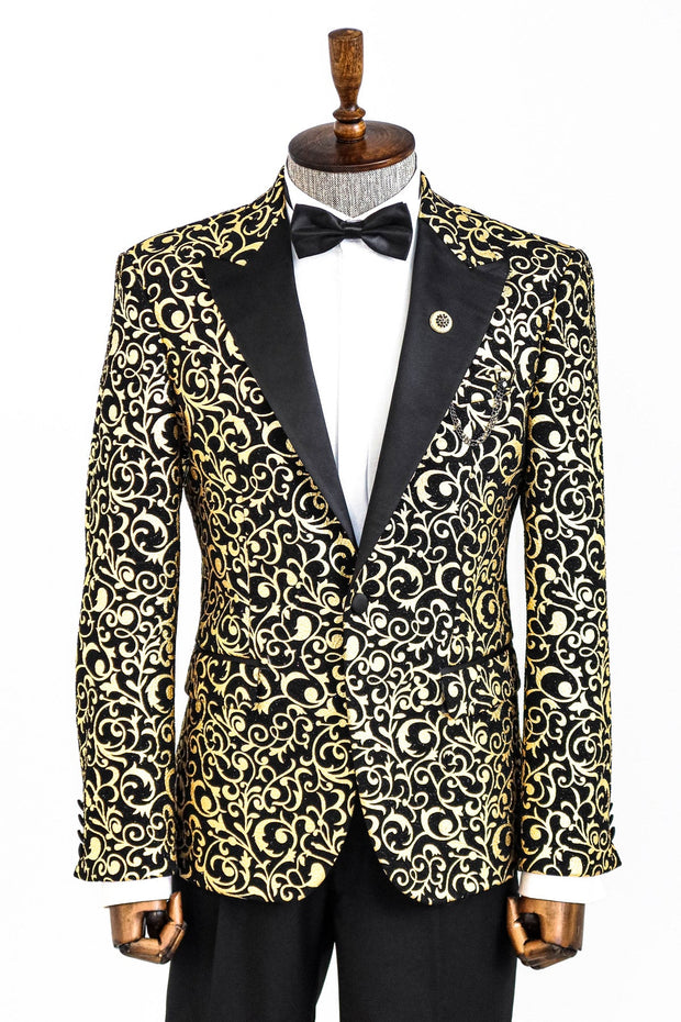 Gold Patterned Over Black Men Prom Blazer - Wessi