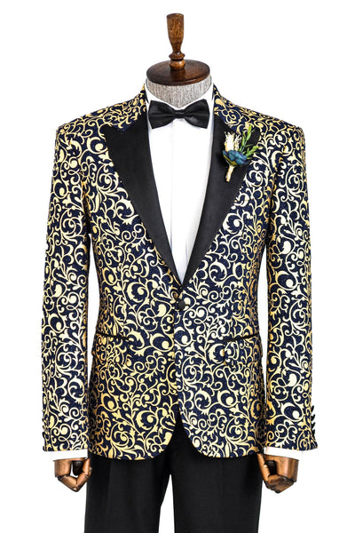 Gold Patterned Over Navy Men Prom Blazer - Wessi