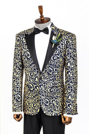 Gold Patterned Over Navy Men Prom Blazer - Wessi