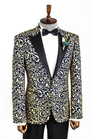 Gold Patterned Over Navy Men Prom Blazer - Wessi