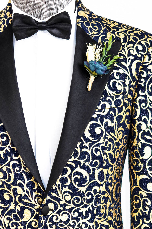 Gold Patterned Over Navy Men Prom Blazer - Wessi