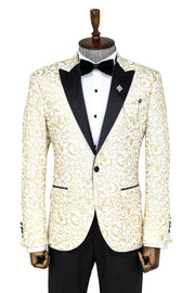 Gold Scroll Patterned Over White Men Prom Blazer - Wessi