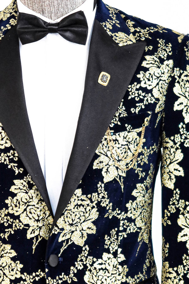 Gold Floral Patterned Navy Blue Men Prom Blazer - Wessi