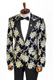 Gold Floral Patterned Navy Blue Men Prom Blazer - Wessi