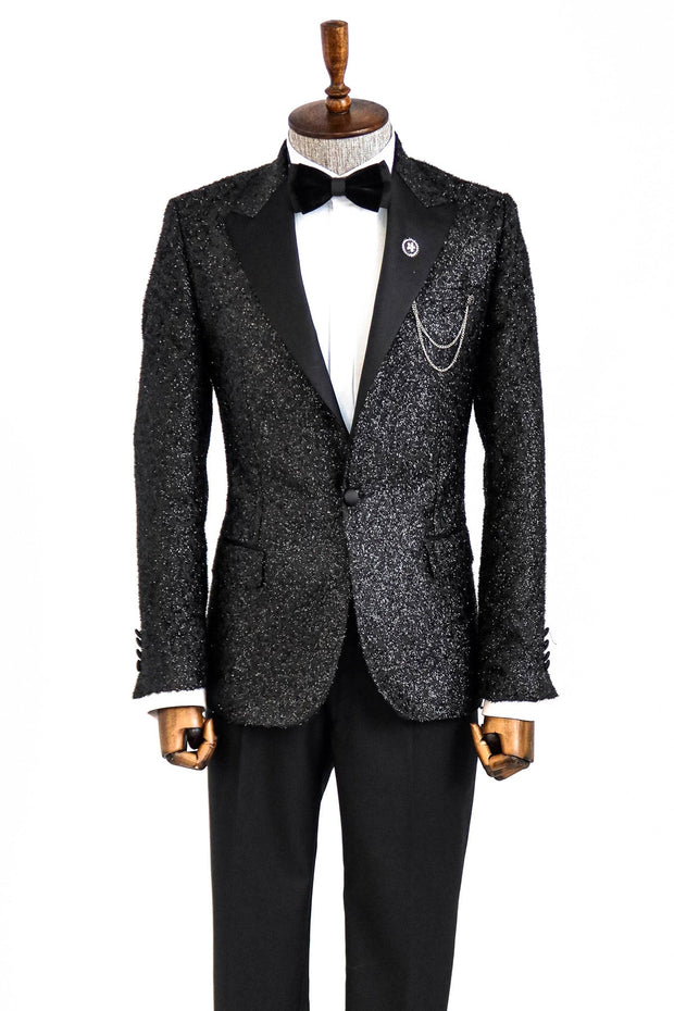 Black Tinsel Slim Fit Tuxedo Blazer - Wessi