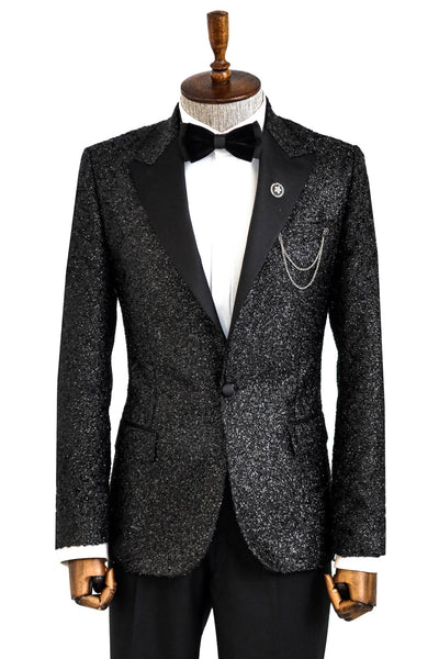 Black Tinsel Slim Fit Tuxedo Blazer - Wessi