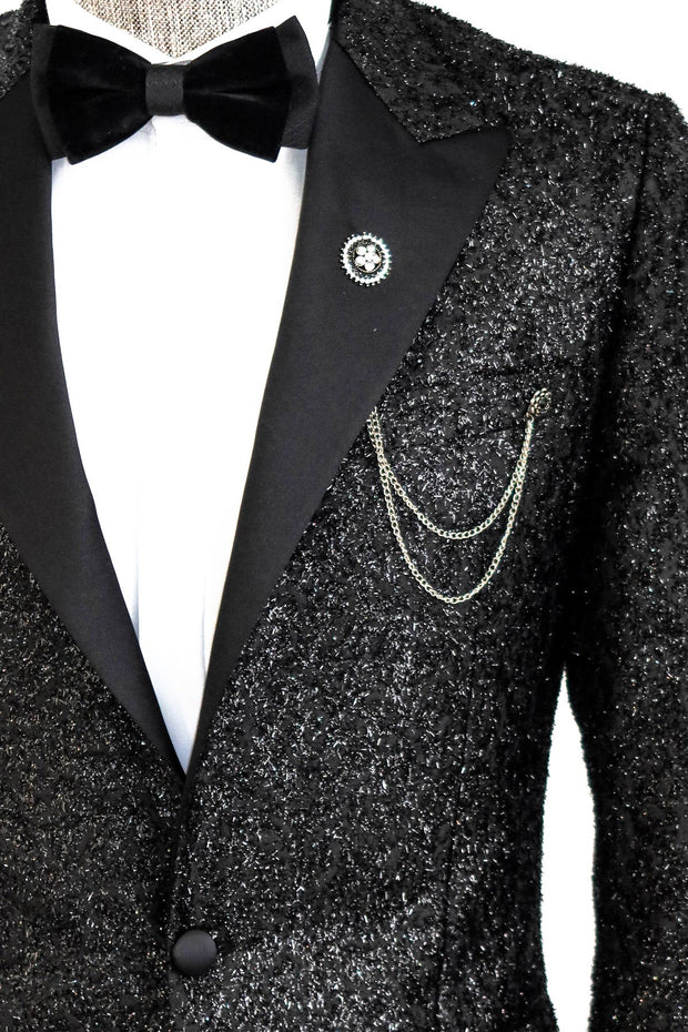 Black Tinsel Slim Fit Tuxedo Blazer - Wessi