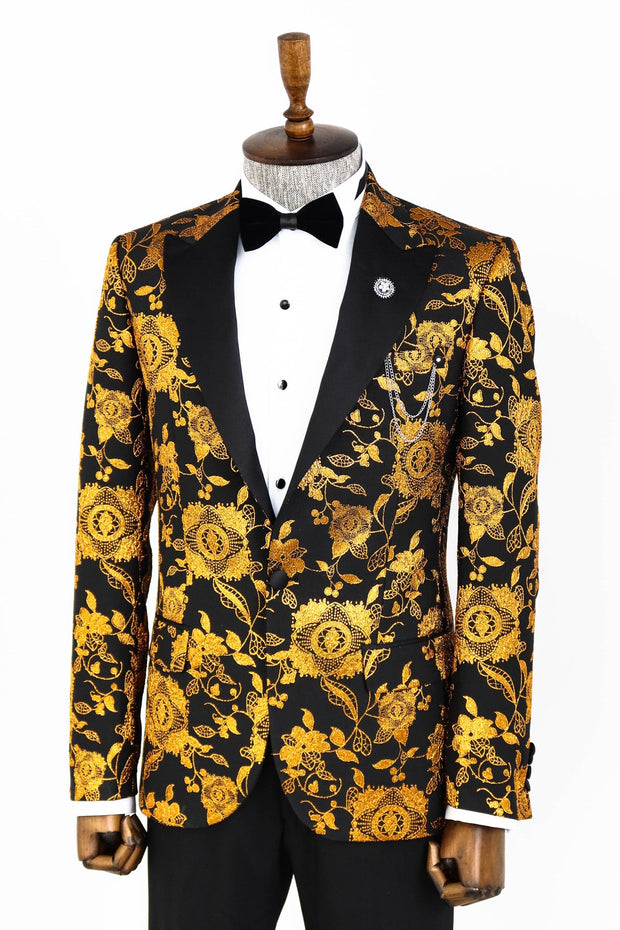 Floral Patterned Slim Fit Yellow Men Prom Blazer - Wessi