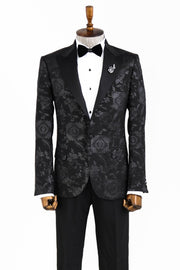 Floral Patterned Shiny Peak Lapel Black Men Prom Blazer - Wessi