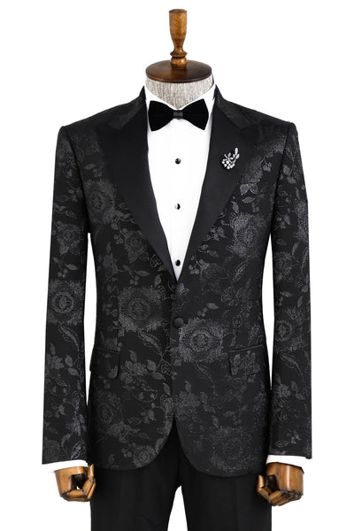 Floral Patterned Shiny Peak Lapel Black Men Prom Blazer - Wessi