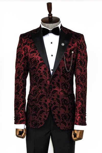 Floral Patterned Peak Lapel Burgundy Men Prom Blazer - Wessi