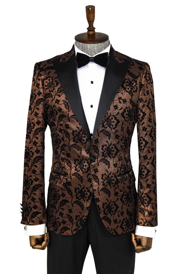 Floral Patterned Peak Lapel Gold Men Prom Blazer - Wessi