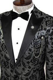 Floral Patterned Peak Lapel Smoked Men Prom Blazer - Wessi