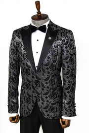 Floral Patterned Peak Lapel Smoked Men Prom Blazer - Wessi