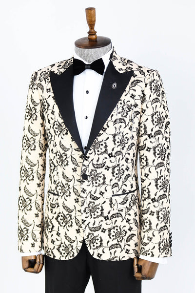 Floral Patterned Peak Lapel Cream Men Prom Blazer - Wessi