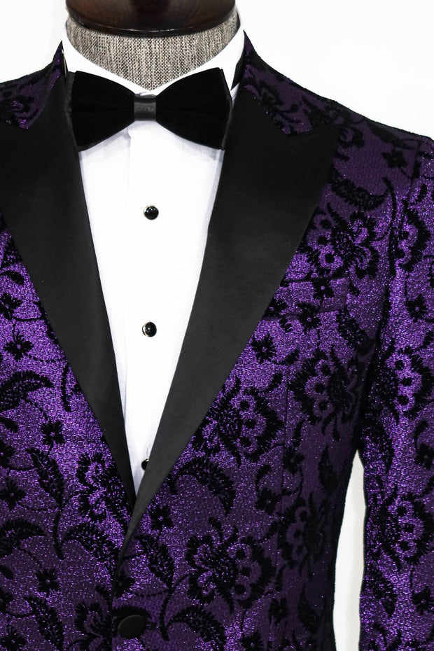 Floral Patterned Peak Lapel Purple Men Prom Blazer - Wessi