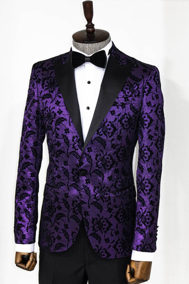 Floral Patterned Peak Lapel Purple Men Prom Blazer - Wessi