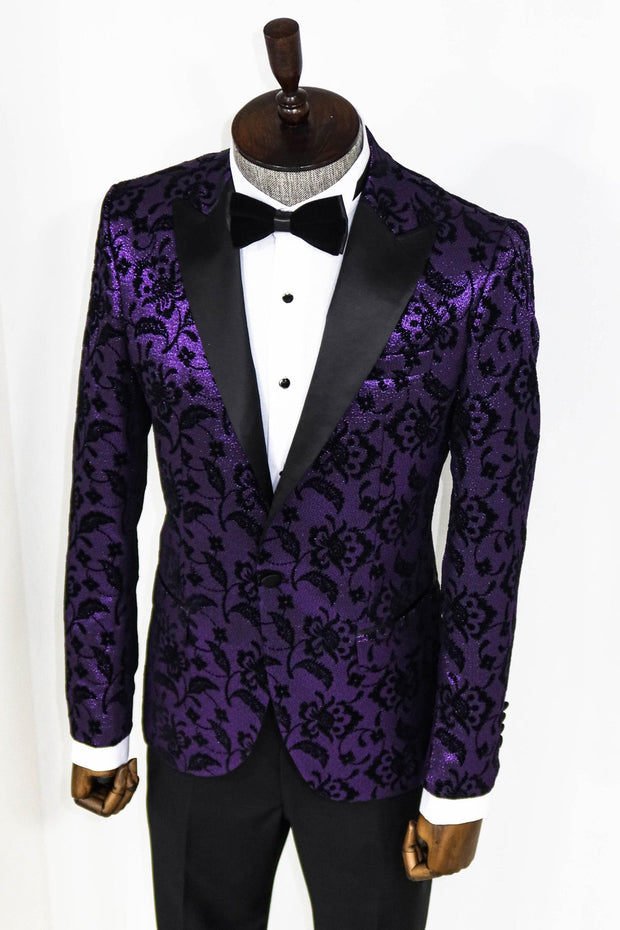 Floral Patterned Peak Lapel Purple Men Prom Blazer - Wessi