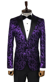 Floral Patterned Peak Lapel Purple Men Prom Blazer - Wessi