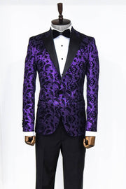 Floral Patterned Peak Lapel Purple Men Prom Blazer - Wessi