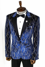 Gold Patterned Navy Blue Men Prom Blazer - Wessi