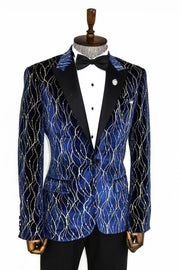 Gold Patterned Navy Blue Men Prom Blazer - Wessi