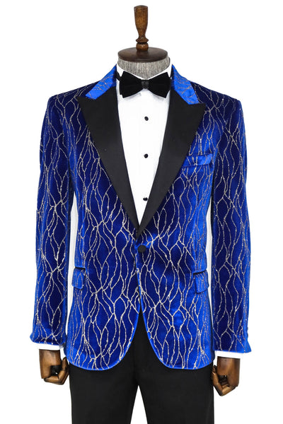 Silver Patterned Blue Men Prom Blazer - Wessi