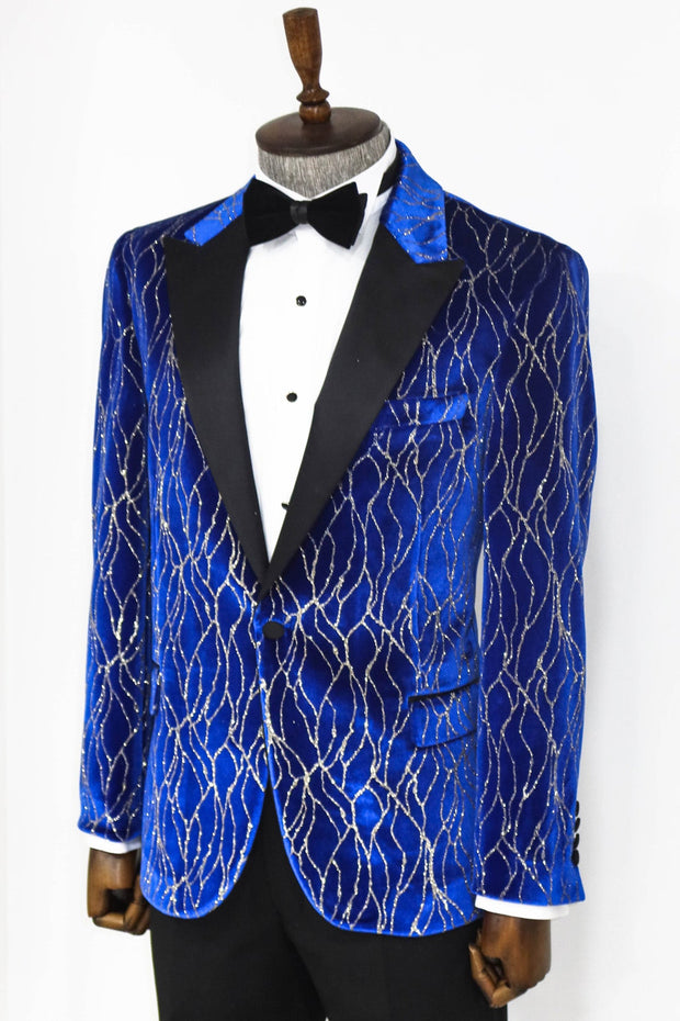 Silver Patterned Blue Men Prom Blazer - Wessi