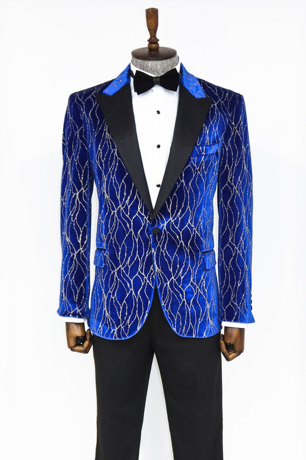 Silver Patterned Blue Men Prom Blazer - Wessi